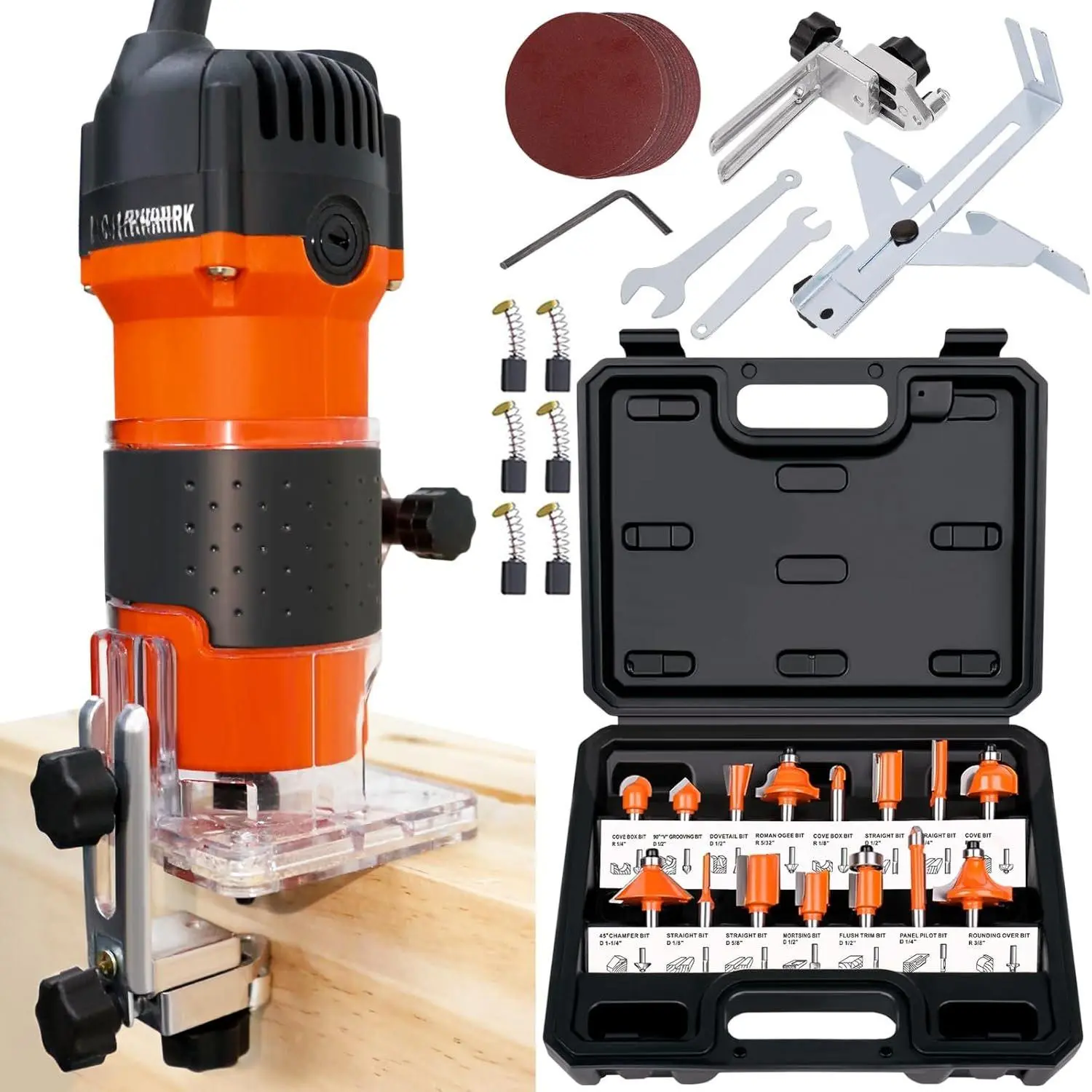 Compact Router, 6.5-Amp 1.25  Compact  Palm Router,  Trimmer with 15 count 1/4" Router Bits Set, 30000R/MIN