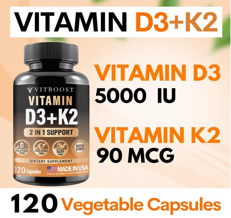 Vitboost Vitamin D3 K2 Supplement - 120 Count - Gluten-Free, USA Made, Healthcare Dietary Healthcare, Fitness   supplement d3 supplement Edible