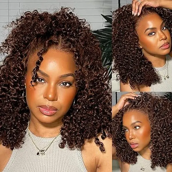 100% Human Hair Curly Bob Wig 200% Density 13x4 HD Lace Front Wig Pre Plucked Curly Bob Wig Human Hair Chocolate Brown Short Bob Wigs 13x4  main image 2