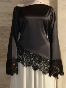 Lace Trim Satin Tie Back Blouse One Size Comfortable Women's Top#MS624