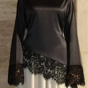 Lace Trim Satin Tie Back Blouse One Size Comfortable Women's Top #MS624