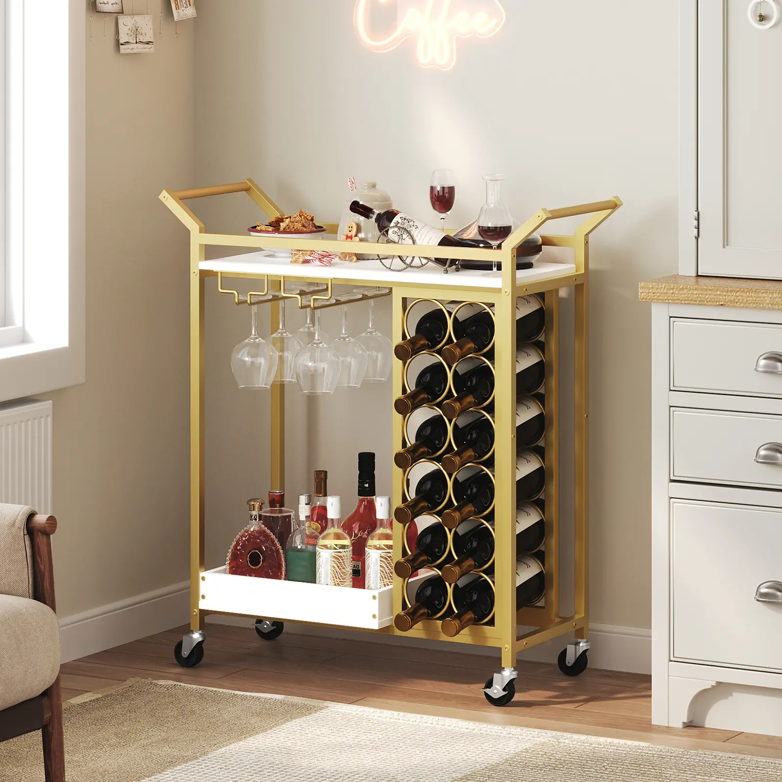 MAHANCRIS Classic Sturdy Gold & Marble White Metal 2-Tier Rolling Bar Cart - Wine Rack, Glass Holder, Utensils Storage, Towel Side Handle, Lockable Wheels, Spacious Surface, Holds 12 Bottles & 6 Glasses for Kitchen, Living Room, Dining Areas