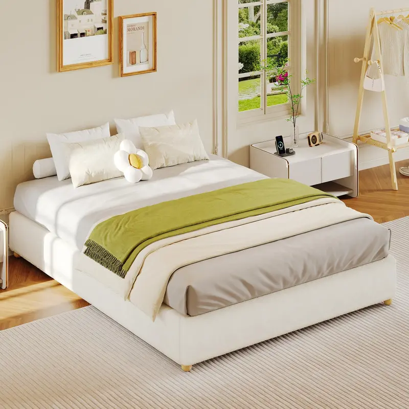Queen Size Cloud Bed Frame,Teddy Fleece Low Bed Frame Without Headboard, Thick Boucle Fabric Upholstered Platform Bed, No Box Spring Needed, Beige