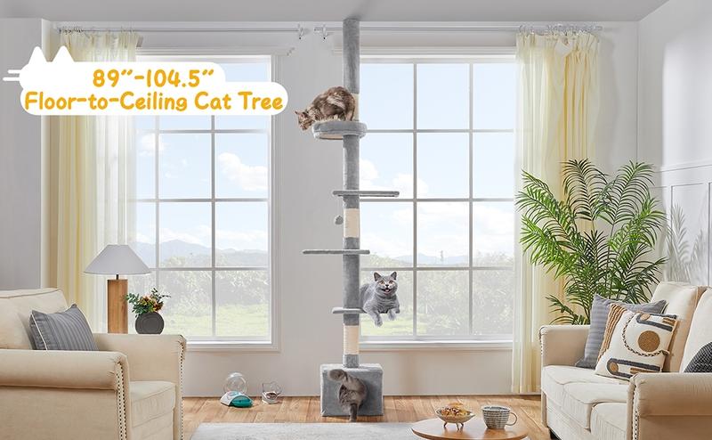 Yaheetech Adjustable 7.4-8.7FT Floor-to-Ceiling Cat Tree with 1 Condo 4 Perches & Scratching Posts Multi-level Cat Tower for Small/Medium Cats - Vertical Scratcher