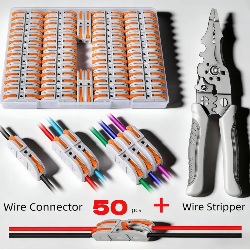 STONEGO Quick Connection Assortment Kit - 50-Pieces QuickConnect Electrical Splicing Kit with Lever Connectors & Stripper, 28-12 AWG Compact Inline Terminals for Home & Office, Quickconnect Kit