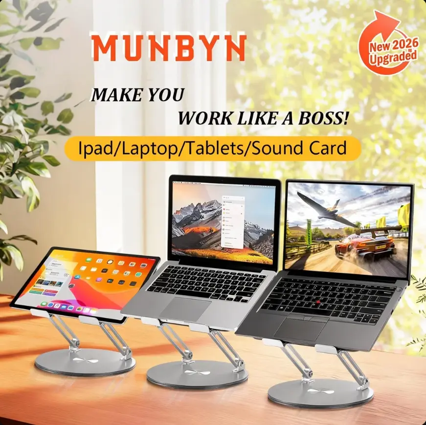 【 MUNBYN 360° Rotating Laptop Stand】Adjustable Foldable Aluminum Laptop Stand, 2-in-1 Multifunctional Laptop Stand Hub for Gaming laptop & Mobile stand,Gray