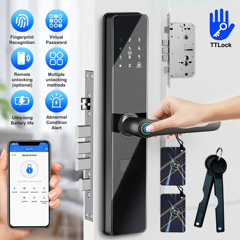 Electronic Smart Door Lock Fingerprint Door Lock with Keypad, APP Smart Lock for Front Door Children Proof IC Card, App Control & Mechanical Key