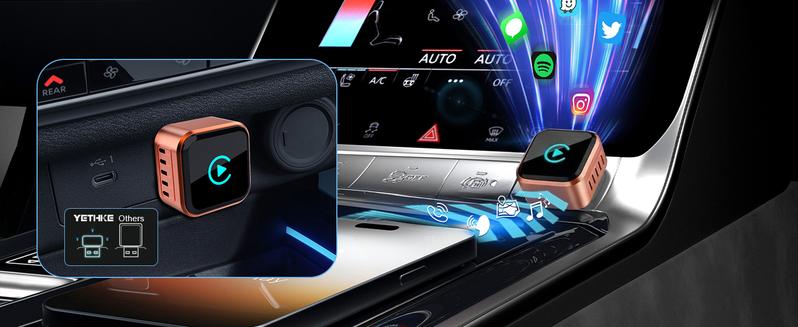 YETHKE 2026 Mini Wireless CarPlay Adapter Upgrade Wired to Wireless for CarPlay & Android Auto Plug and Play Fast Auto-Reconnect Stable Control Zero Delay Car Play for iPhone iOS 10+ Android 11+