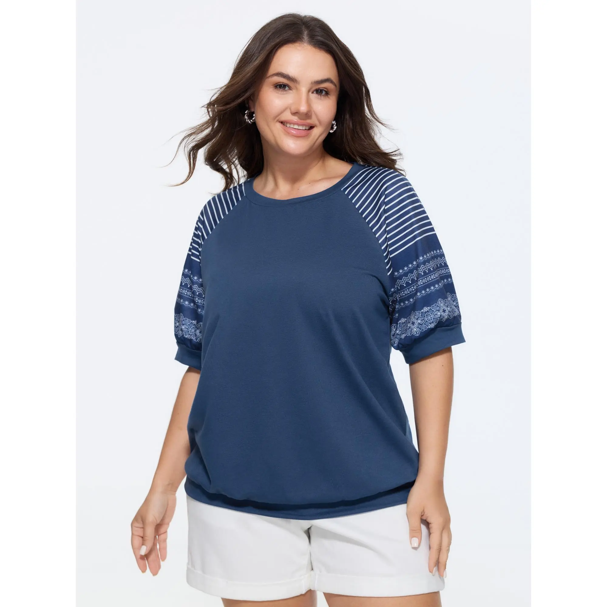 BLOOMCHIC Women's Plus Size Striped Raglan Puff Short-Sleeve Sweatshirt - Spandex Fabric Garment, Hoodie, Summer Finds [M-6X] 2026, Shortsleeve, Casual, Tops, Plus Size Clothes, Fit