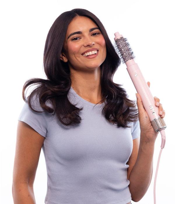 FoxyBae Blush Shimmer Super Styler Pro+ Styling Set – Interchangeable Hair Styler & Salon Equipment with Auto-Wrap Heated Curler, Blowout & Round Brushes – Frizz-Free, Smooth, Shiny Hair