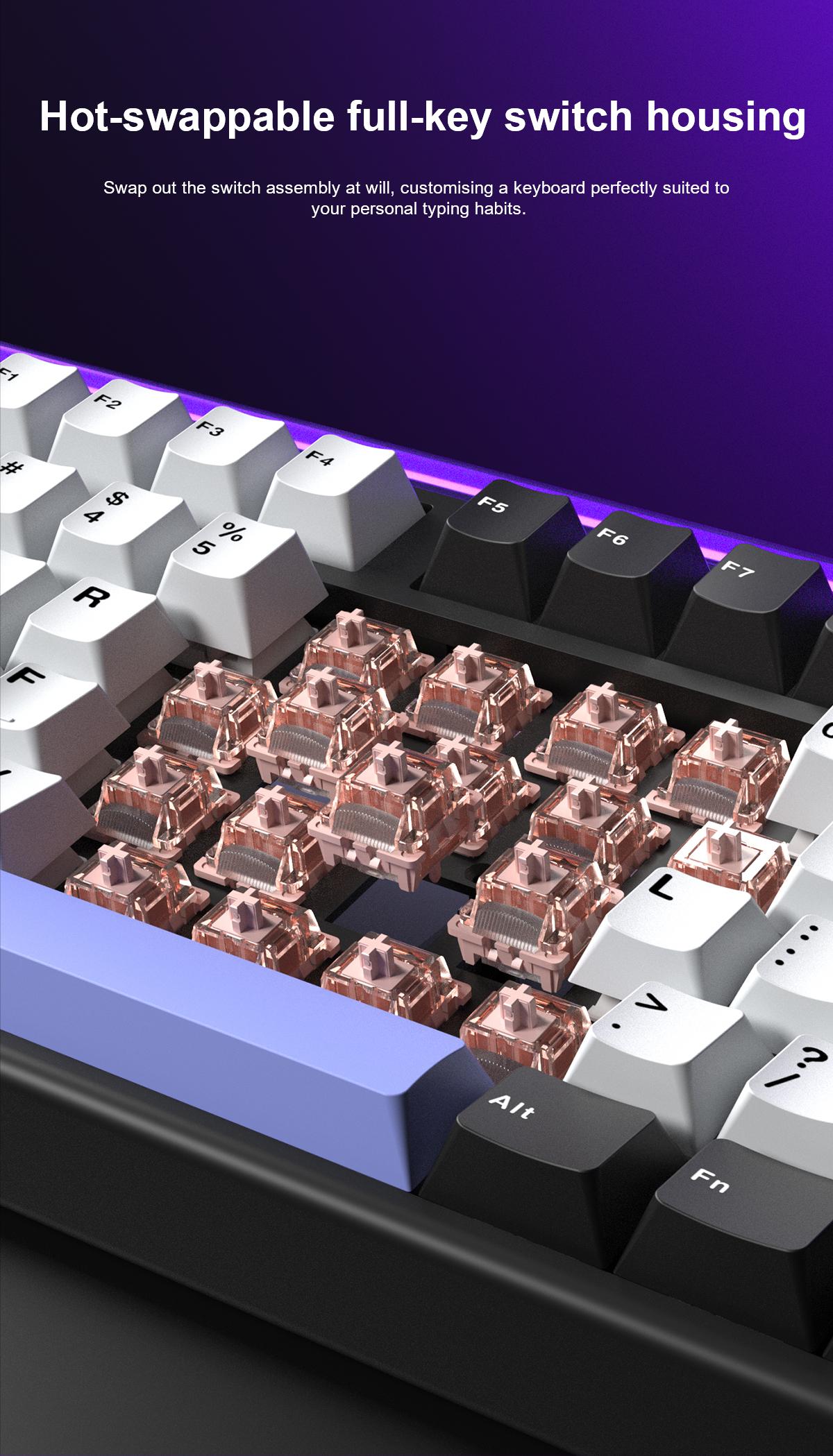 AULA H108 Full-Size Silent Mechanical Keyboard Tri-Mode Bluetooth 2.4G Wireless Silent Feather Switches RGB Backlight Black White Purple Computer Office Keyboards