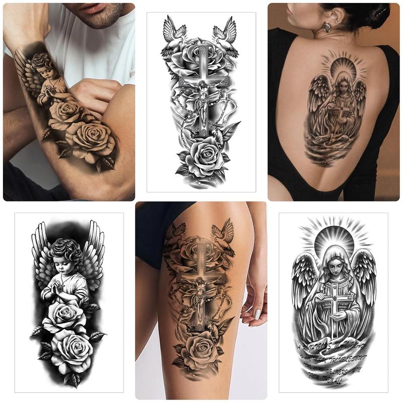 77 Sheets Christian Temporary Tattoo Adult Men Women Kids Religious Jesus Cross God Christ Catholic Realistic Half Sleeve Body Fake Tattoos Stickers