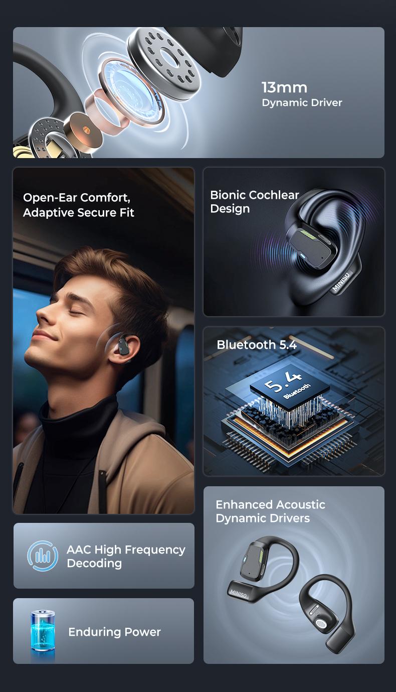 MINISO M98 Wireless Earbuds Open Ear Bluetooth 5.4 Earphones Wireless Headphones Full Color Display Touch Screen Gaming Headsets 35Hours Play time Built-in Microphone