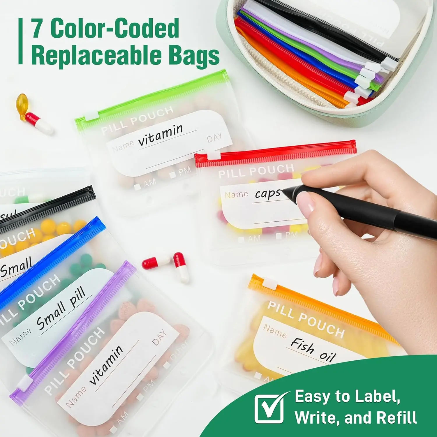 A8 Waterproof Pill Pouch Set, Large Weekly Pill Organizer with 14 Color-Coded Medicine Pouches, Reusable Travel Medicine Organizer, Zippered Pill Storage for Fish Oils, Vitamins