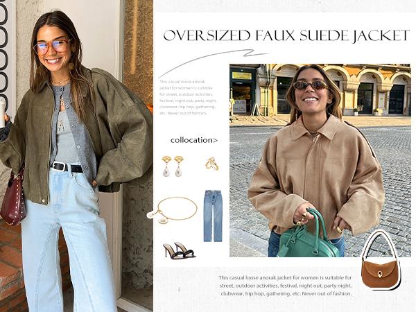 Arssm Women's Oversized Faux Suede Bomber Jacket Vintage Lapel Collar Soft Touch Outerwear for Street Style Fall & Winter Travel Looks Beige Basic Coats