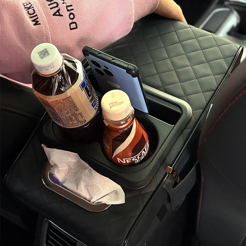 Car Armrest Cushion,5-in-1 Center Console Cover with 2 Storage Bags Cup Holder, Tissue Box Slot, Phone Slot for Sedans, Car Accessories Interior Organizers (Black)