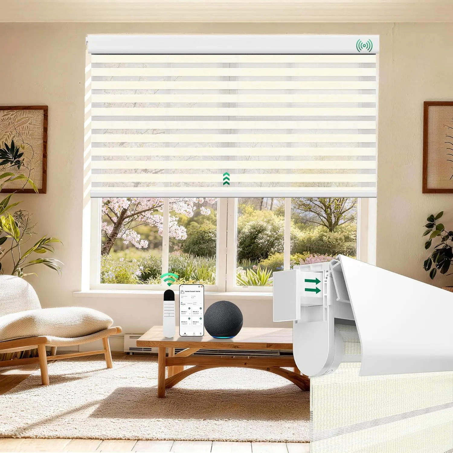 No Drill Motorized Zebra Shades - Cordless Blinds with Remote Control, 50% Light Control & Filtering, Alexa-Compatible Smart Blinds for Apartments, Automatic Day-Night Adjustment