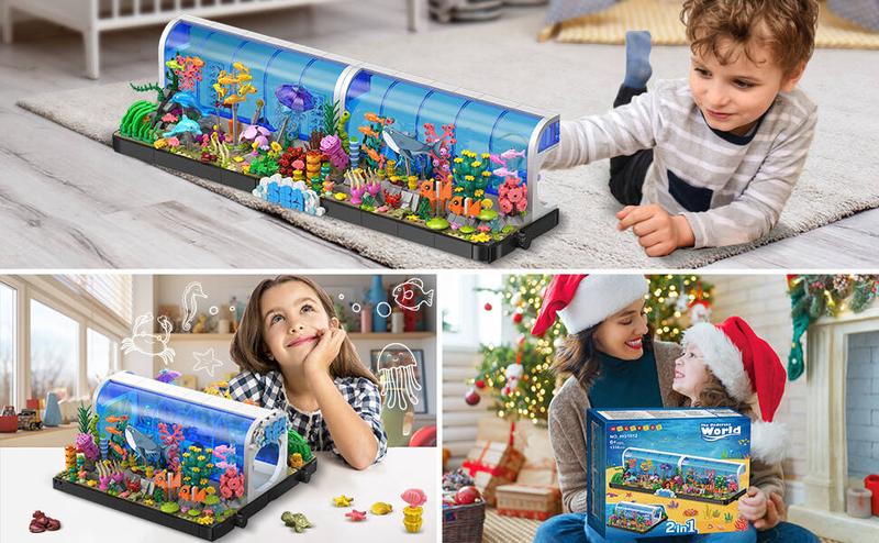 HOGOKIDS Aquarium Building Set 2 Styles Oceanarium Toy with Dolphins, Sharks, Crabs, Turtles, Clownfish, Marine Life, 1316PCS Undersea World Magnetic Blocks for Ages 6-12