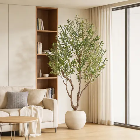 7-Ft/8-Ft Artificial Olive Tree, 16-in Round White Moss-Top Pot, Natural Wood Trunk & Lifelike Fruit, Low-Maintenance Room Accessories for Living Room, Office Decor, Birthday & Christmas Gifting