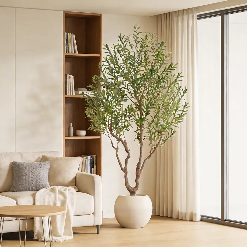 7-Ft/8-Ft Artificial Olive Tree, 16-in Round White Moss-Top Pot, Natural Wood Trunk & Lifelike Fruit, Low-Maintenance Room Accessories for Living Room, Office Decor, Birthday & Christmas Gifting
