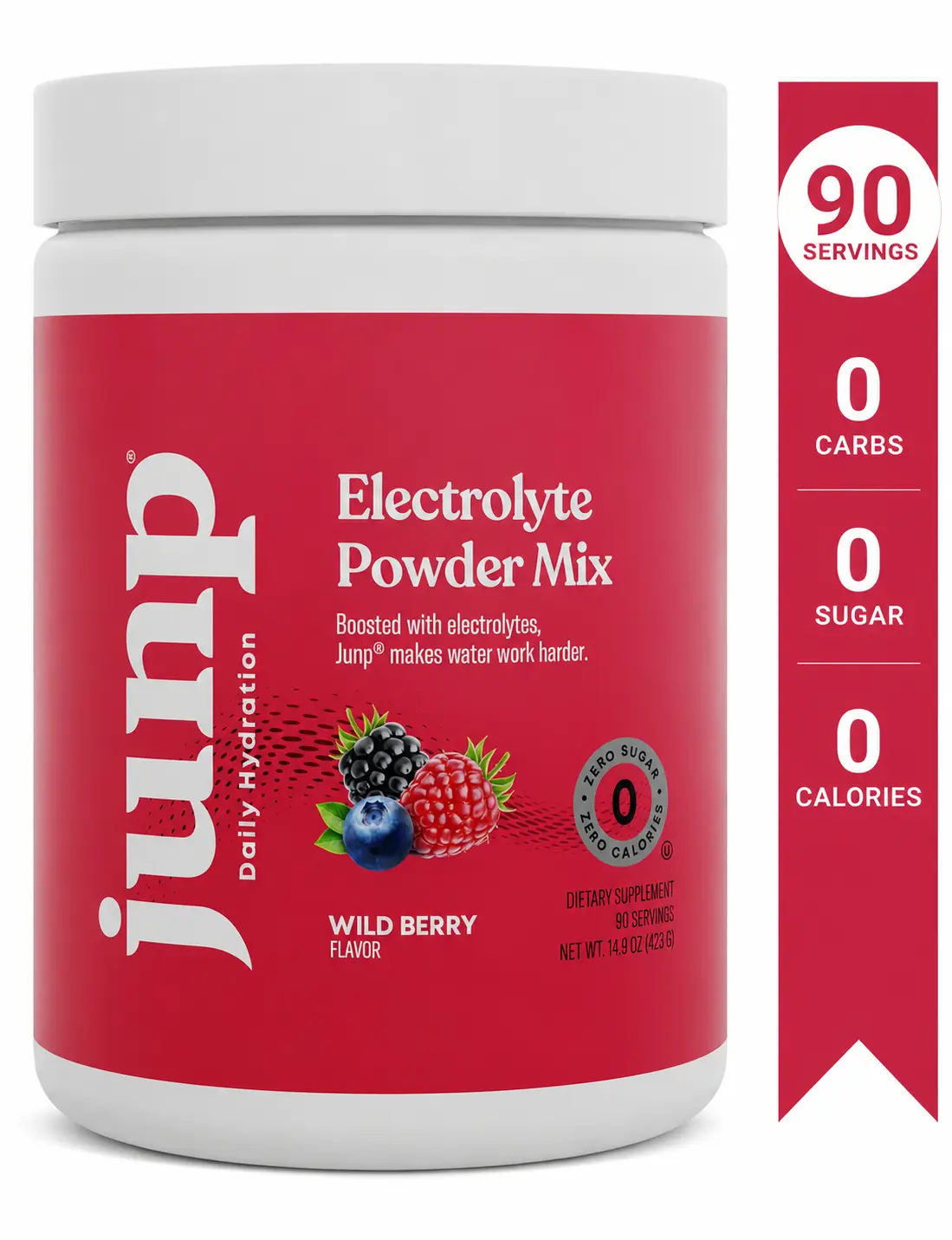 JUNP Wild Berry Electrolyte Powder Drink Mix - Sugar-Free, Vegan Friendly, Gluten-Free, Kosher, Hydration Powder with Sodium, Potassium, Magnesium, Keto-Friendly, Soy-free 90 Servings