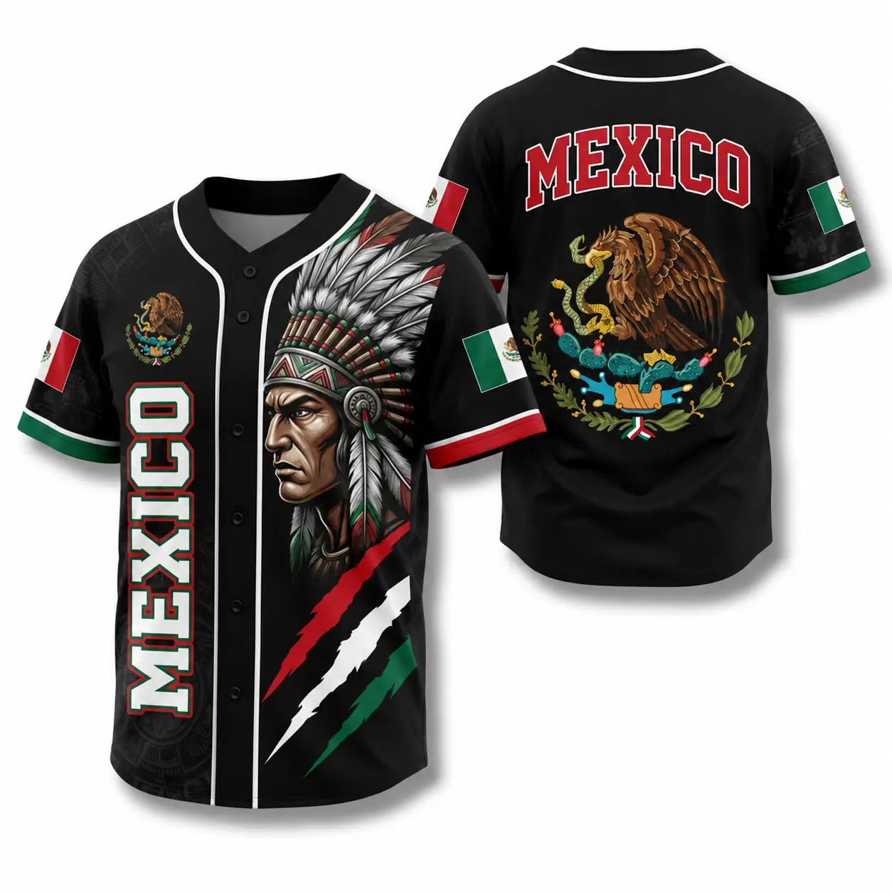 Mexican Flag Eagle Aztec Warrior Button-Up Mexico Jersey - Vintage Style Sports Fan Gift Shirt