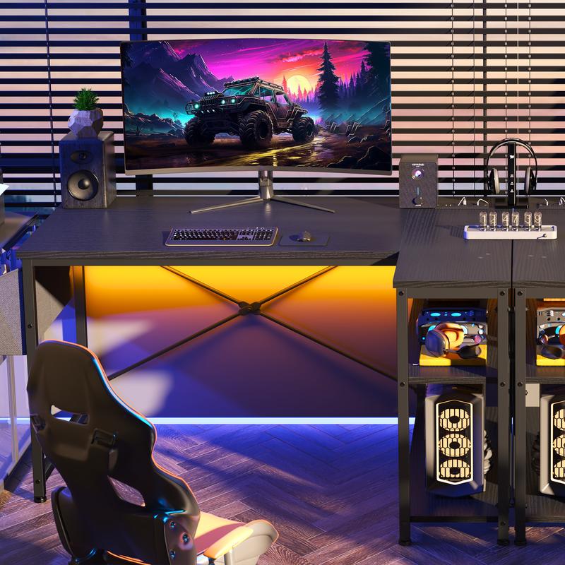 【Dorm Room Gaming Setup】Raybee 39"/47" L Shaped Gaming Desk Born for Dorm & Apartments, Sturdy Computer Desktop with Power Outlets,USB,Reversible Corner Table, Side Shelves & File Pocket for Home Office Use,Study desk for teenagers