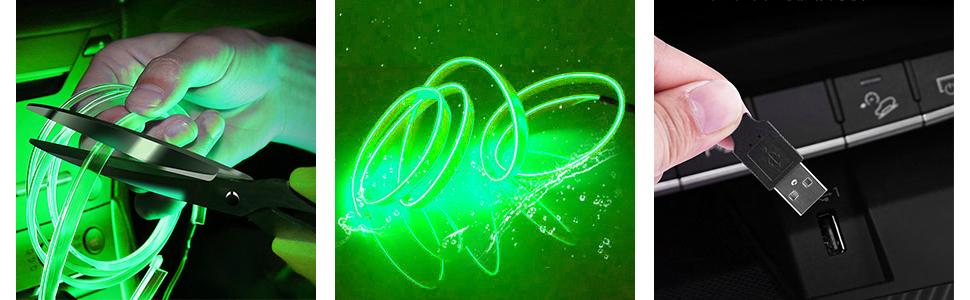 DIBMS Green 16FT Electroluminescent Car LED Strip Lights, USB-Powered Interior Ambient Lighting Kit with Fuse Protection, USB Powered Multicolor Car Interior Light ,USB Powered Car Interior Fiber Light