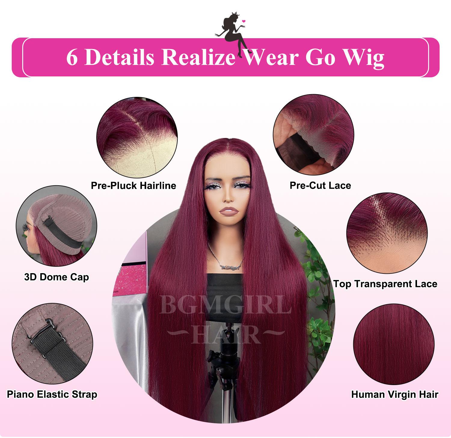 BGMgirl Hair 99J Burgundy Straight 6*4 Wear Go 180% Density Pre Plucked Pre Cut Glueless Lace Closure Wig Human Virgin Hair Wig TikTokShopBlackFriday