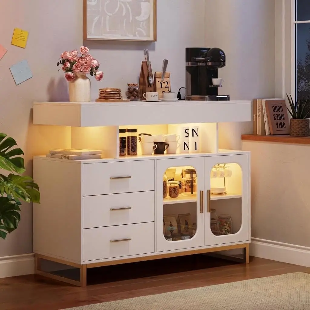 LED Buffet Cabinet with Charging Station, Smart Bar Cabinet with 20-Color Auto RGB Light, Coffee Bar Cabinet with Drawer/Hutch,Sideboard Buffet Cabinets for Living Room, Dining Room, Kitchen