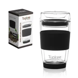 Double Wall Glass Tumbler - 8-Ounce, All Glass Reusable Insulated Tea/Coffee Mug & Lid, Hand Blown Glass Travel Mug