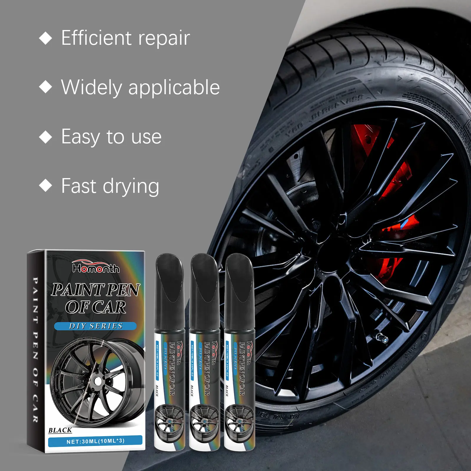 Gloss Black Alloy Wheel Touch Up Pen Marker, Automotive Scratch Repair Accessory with Quick-Drying, Scratch-Resistant Enamel Coating for Curb Rash, Scuffs, Universal for Metal Wheels Detailing & Maintenance