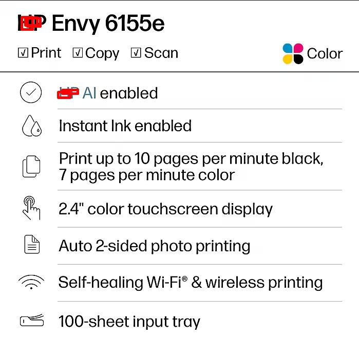 Envy 6155e Wireless Color All-in-One Printer, Scan, Copy, 3 Months Free Instant Ink, AI Enabled (714L5A), all in one printer, multifunction printer, multifunction printer, Portable Thermal Printer, Portable Thermal Printer, Multi-Size Printing