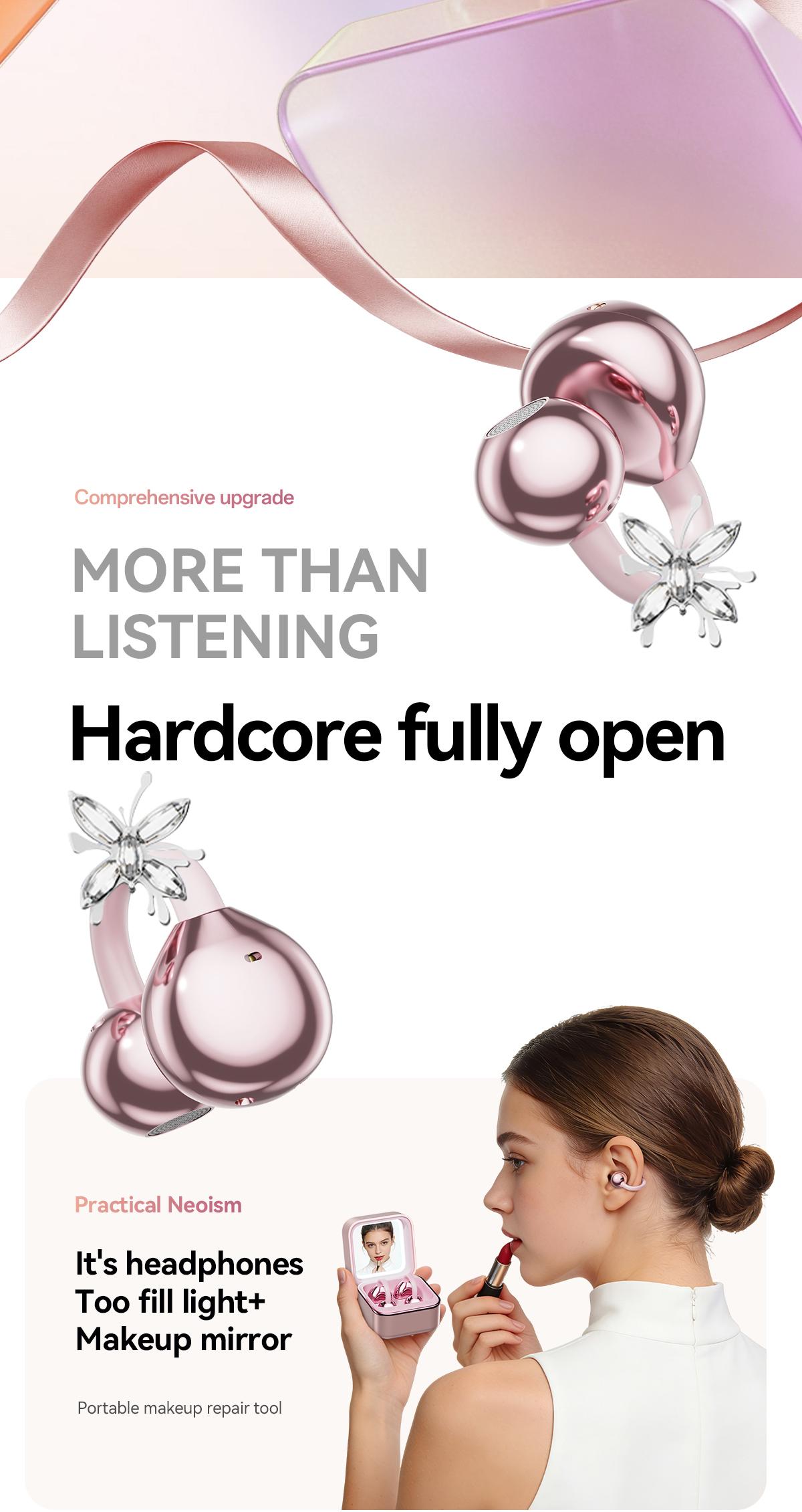 CHENRUIDA Mini Square Wireless Bluetooth Earphones  Features a built-in makeup mirror and fill light, portable makeup tool, 360° panoramic sound effect + active noise cancellation, soft silicone ear tips for comfortable wear, and extra-long battery life.