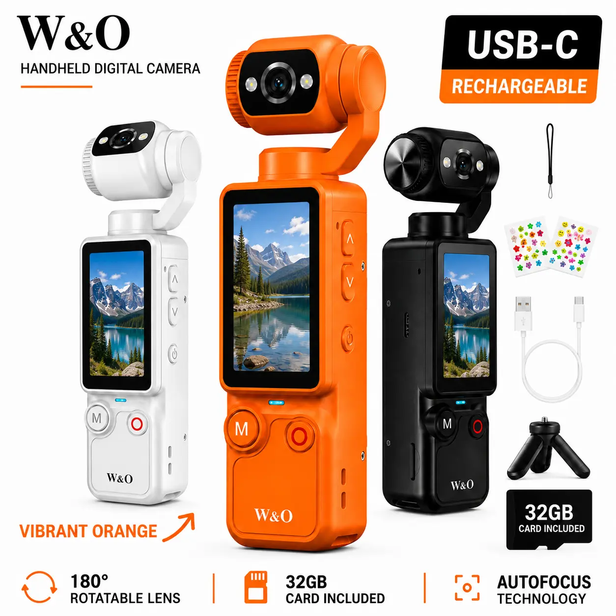 W&O Q7 Portable Vlogging Camera with 180° Rotating Lens, 1.9" Screen, 32GB Memory Card and Mini Tripod, USB-C Rechargeable Handheld Camera for Travel, Selfies and Daily Recording,back to school,back to school haul