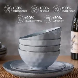 ONE of ONE Dinnerware Sets for 4, Ocean Round 12-Piece Kitchen Plates and Bowls Sets, Reactive Glaze, Microwave and Dishwasher Safe, Scratch Resistant,