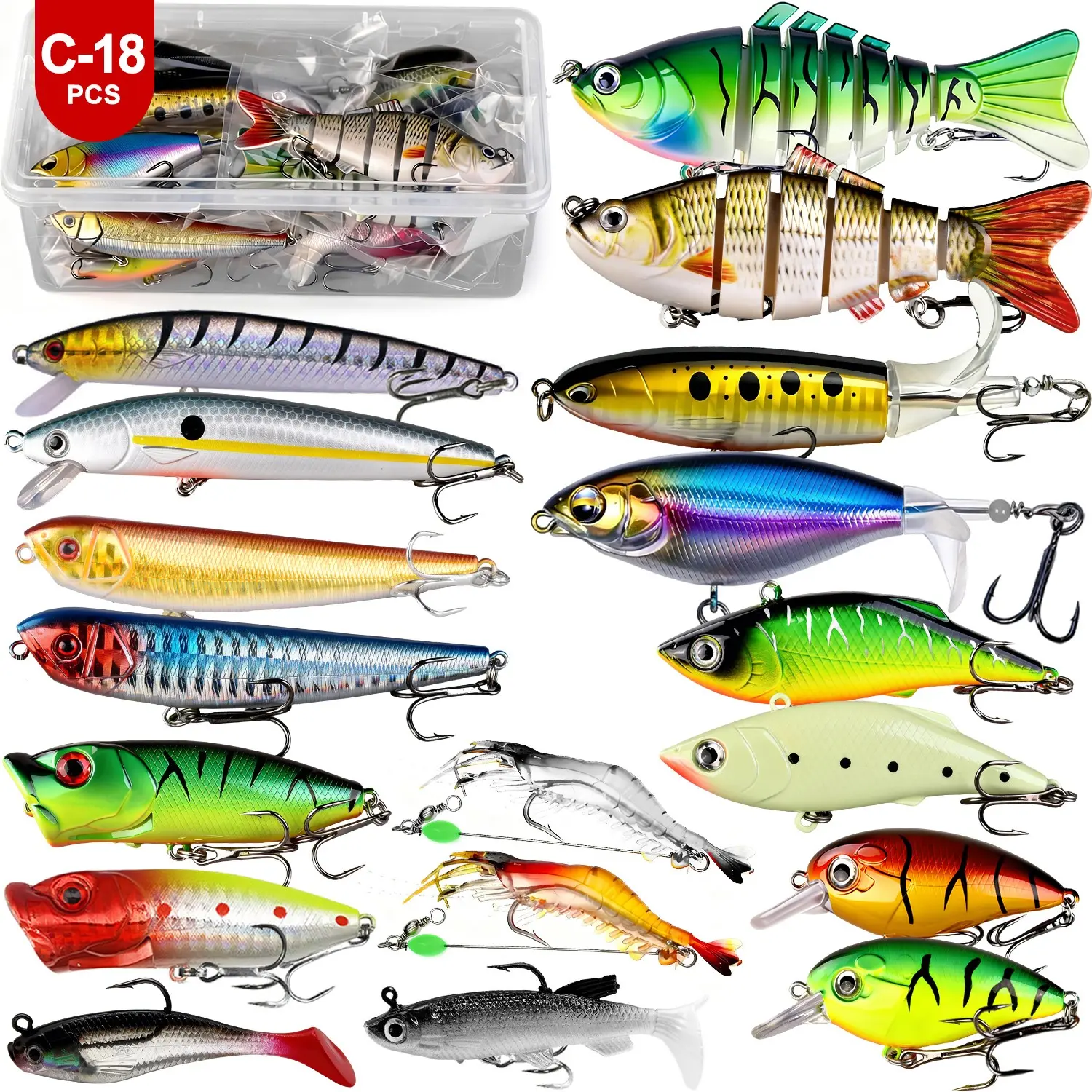 18/36 Pcs Mixed Fishing Lures Kit, Including Minnow, Popper and Crankbait Topwater Lures with Hooks for Freshwater and Saltwater Trout, Bass and Salmon Fishing, Premium Fishing Kit