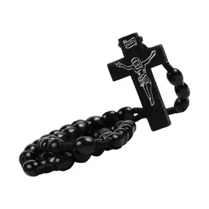 Artistic Crafted Wooden Rosary Necklace with Intricate Cross Detailing