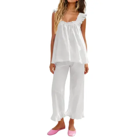 Women's KFUBUO 2-Piece Light Bridal Sleepwear & Lounge Set - Sleeveless Ruffle Tank Top, Long Pocket Pants, Cozy Basic Ootd Loungewear, No-Iron, Ideal Gift for Sleep, Two Piece Sets, Lounge Set For Women