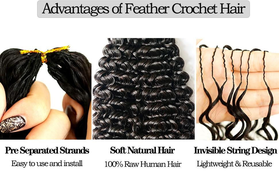 【20 Inch Only $59】VIPbeauty Curly Crochet Human Hair 60g Knotless Pre-Separated Feather Burmese Curly Human Crochet Hair 3C4A Lightweight Reusable Remy Hair Extensions for Women Natural Black Color