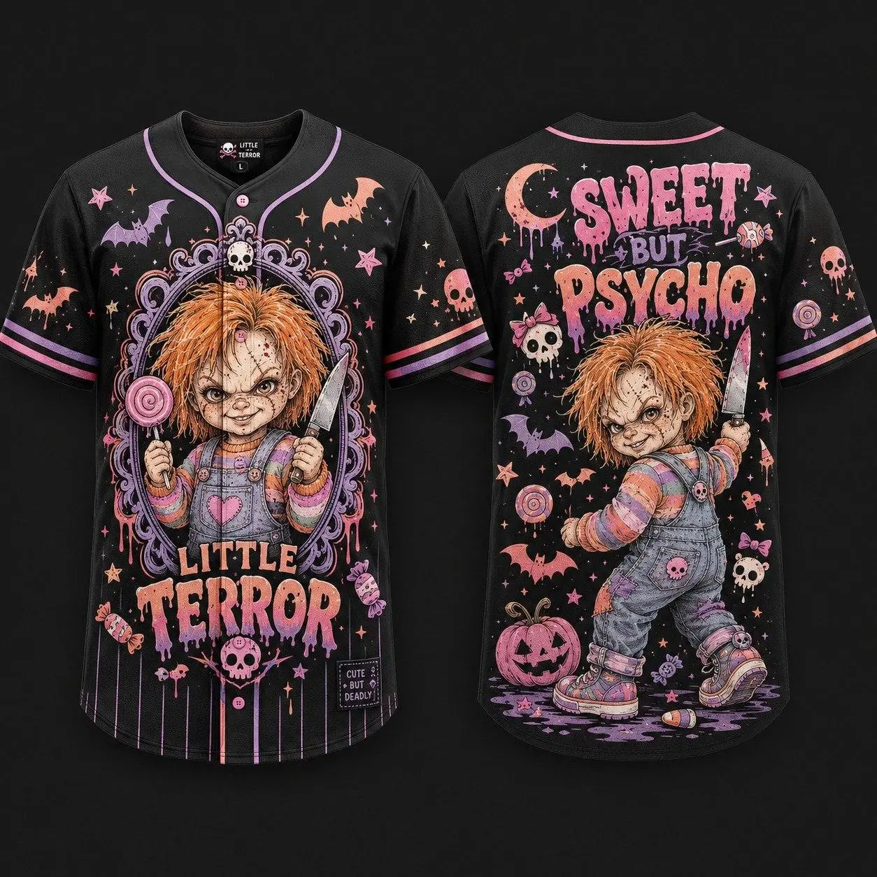 Horror Doll Baseball Jersey, Sweet But Psycho Halloween Shirt, Cute Creepy Doll Graphic Jersey, Pink Gothic Spooky Season Top, Halloween Party Outfit, Horror Fan Gift