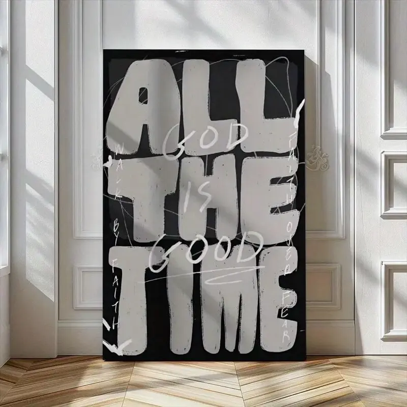 Christian Wall Decor With "GOD. ALL. THE TIME. & GOOD. ALL. THE TIME. FAITH. ALL. THE TIME." - Black & White Minimalist Bible Verse Art In Beige/Gray/White - Vertical Inspirational Scripture Print For Home, Church