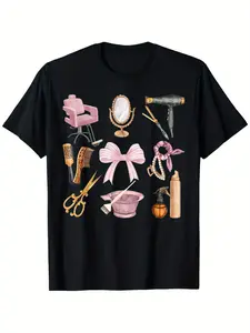 Hairstylist Hair Dresser Coquette Hair Hustler Aesthetic T-Shirt, Unisex Cotton Casual Round Neck Outdoor Short Sleeve T-shirt with Slight Stretch, Slightly Elastic, 100%cotton, S-XXXL