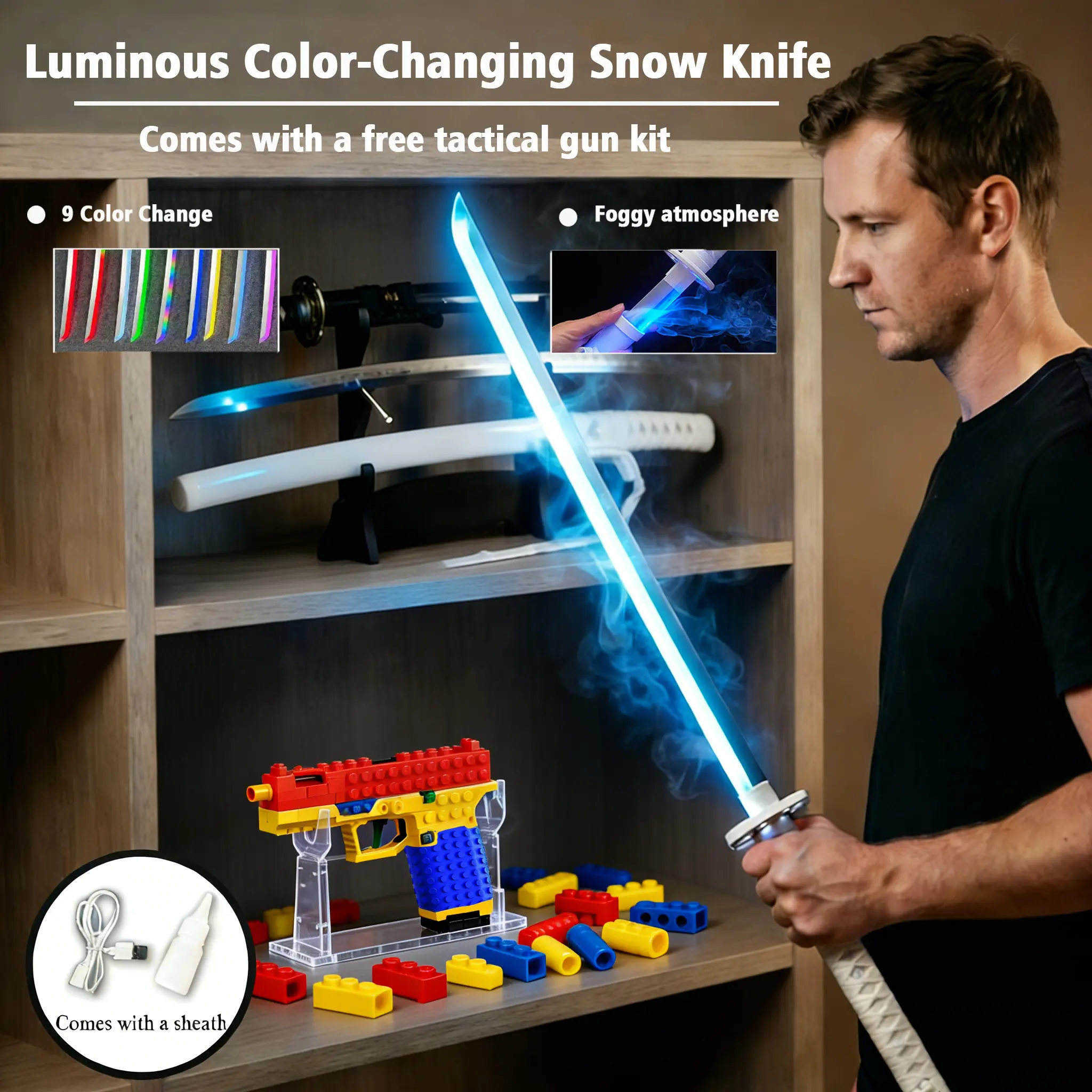 Anime "Devil Slayer" Kinjin-8 Cosplay Role-Playing Prop Glowing Samurai Katana - Rechargeable LED Snow Sword with Sheath, Fog Effect, Retractable Martial Arts Toy, Neon Colors, Free Full-Range Tactical Gun Kit, Kids' Outdoor Play Gift