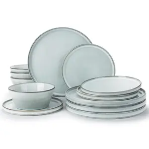 Famiware Plates and Bowls Sets for 4 Stoneware Dinnerware Sets 12 Pieces Dish Set with Lipped Edges Annecy Series Grey-Blue