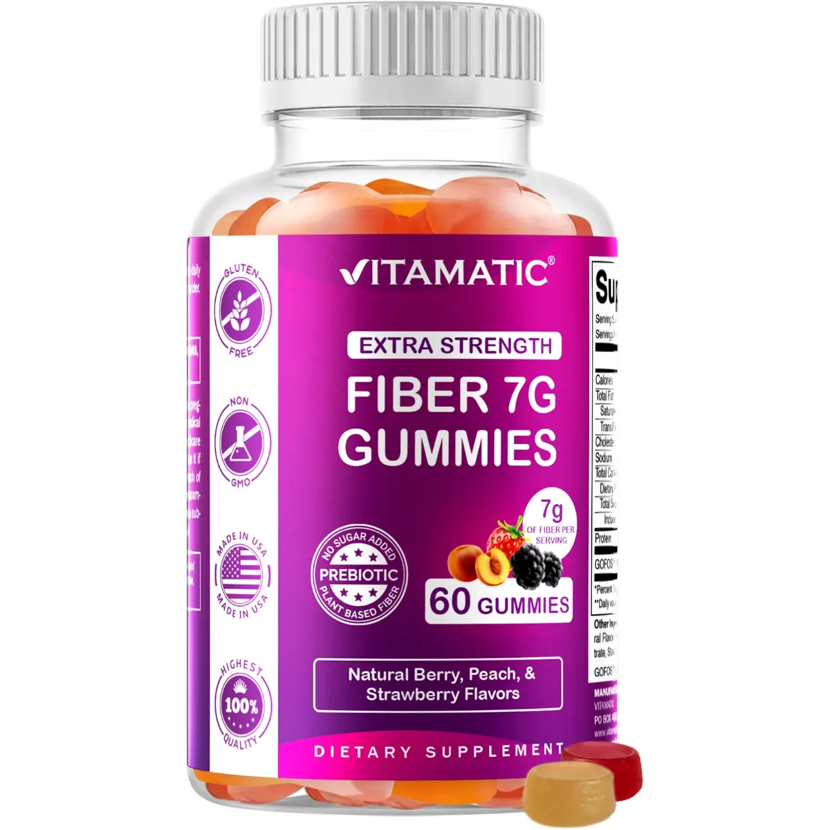 Vitamatic Prebiotic Fiber Gummies 7G Extra Strength - 60 Gummies, Natural Berry, Peach & Strawberry Flavors, Zero Sugar Added, Dietary Supplement