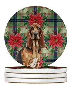 Carolines Treasures WDK8518RCS4 4 x 4 in. Liver & Tan Bloodhound Christmas Poinsettias Large Sandstone Coasters, Pack of 4