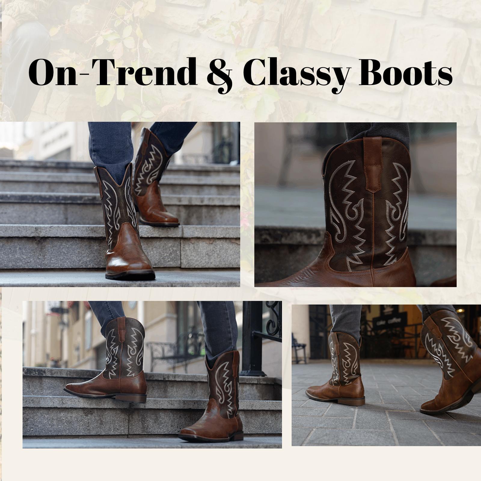 Cowboy Boots For Men with Wide Square Toe Western Retro Boot Durable Classic Fashionable Embroidered Pull On Slip Resistant Boots