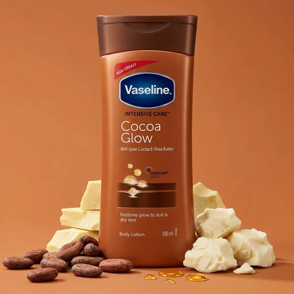 Vaseline Intensive Care Cocoa Glow Daily Body Lotion (100ml/3.4oz) - Non-Greasy Body Care Moisturizer with Pure Cocoa, Shea Butter, Restorative Benefits, Delicate Scent & Radiant Glow