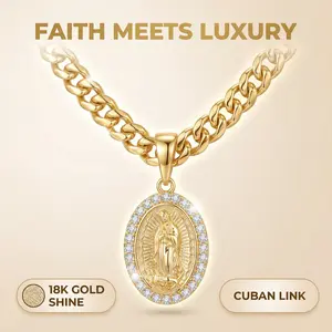 Catholic Virgin Mary Necklace for Women 14K Gold Plated Virgen de Guadalupe Necklace Mother Mary Cubic Zirconia Virgin Mary Pendant Catholic Jewelry for Women Charm Gifts
